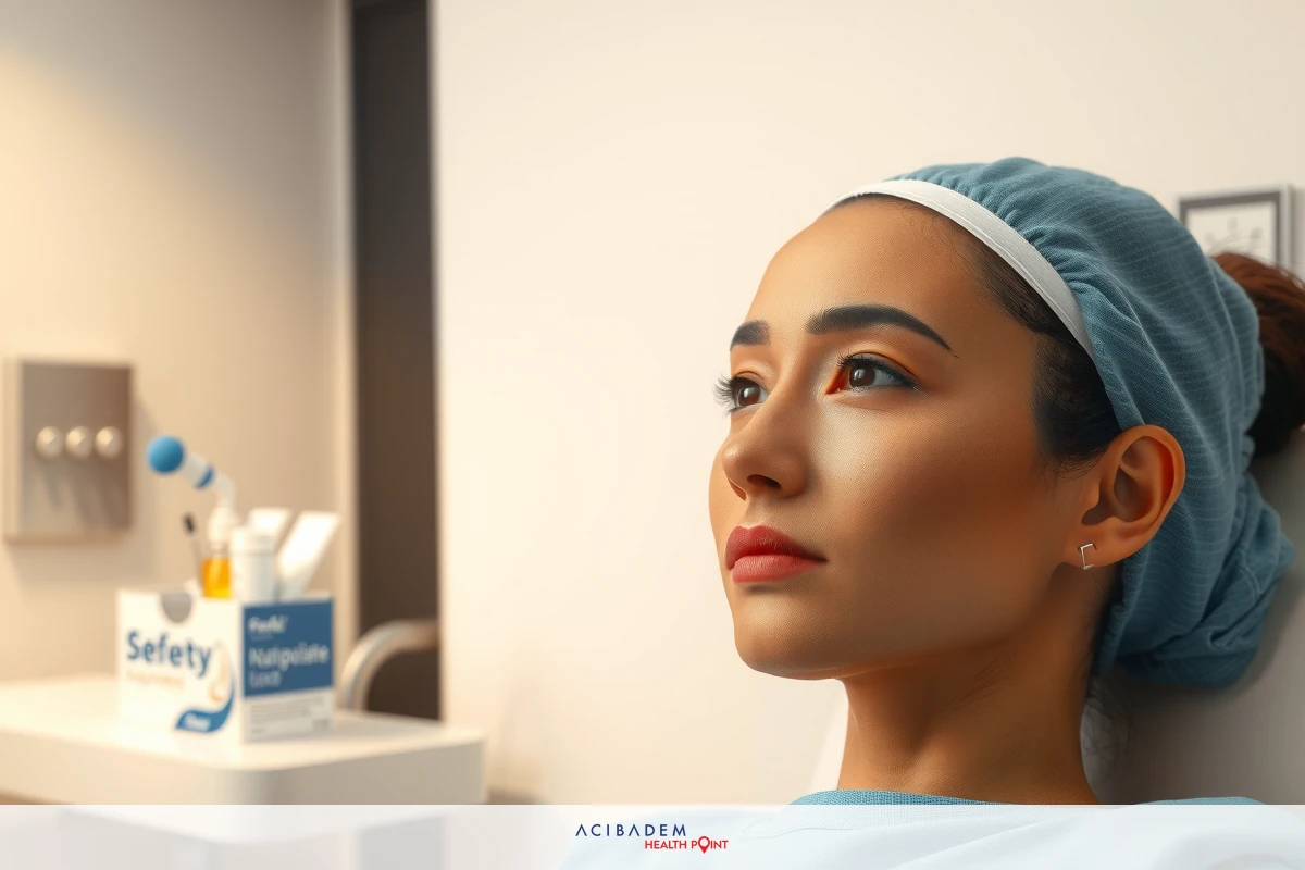 A young woman in a medical professional outfit, wearing blue scrubs and a surgical mask, is looking down with a concerned expression. She has dark hair tied back. The setting appears to be an examination or treatment room within a medical facility. There's a clinical and serious atmosphere.