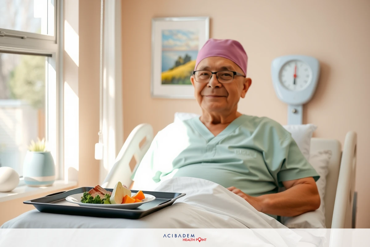 Surgical attire on an elderly patient in hospital, with a tray of food beside them. The setting suggests post-operative care and recovery.