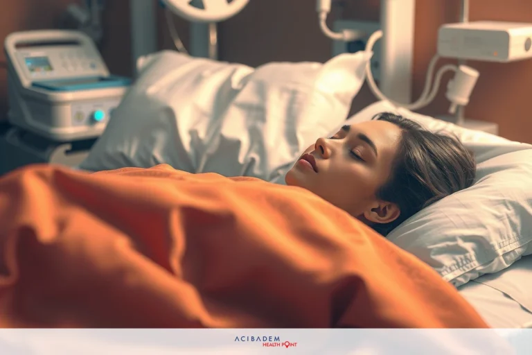 Can I Breathe Through My Nose After Rhinoplasty? This image features a woman lying in a hospital bed, under medical care. She is covered with an orange blanket, and the room has various medical equipment monitors.