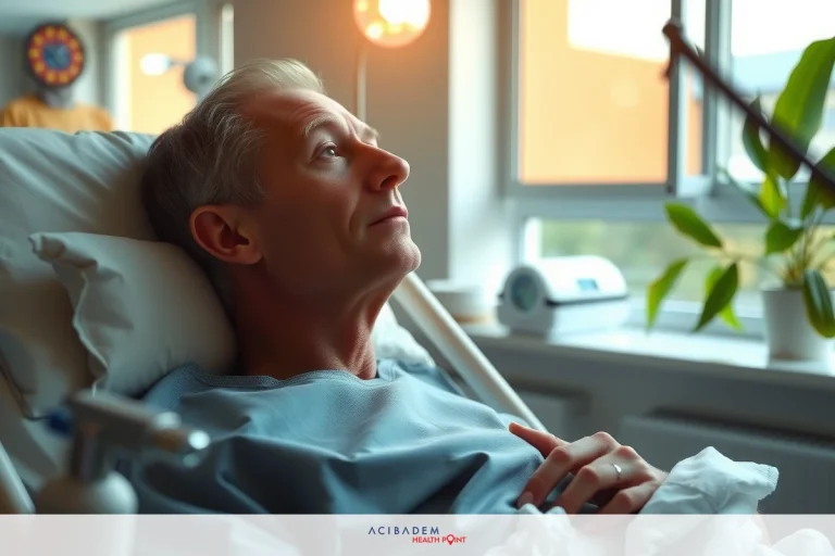 Can You Breathe After Rhinoplasty The image shows an elderly man lying in a hospital bed. He appears to be resting or possibly experiencing discomfort, given his closed eyes and slight frown. The room has large windows allowing natural light to illuminate the space, suggesting it could be daytime. The color scheme is neutral, with white walls and furnishings that contribute to a clinical setting.