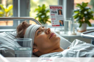 A person lying in a hospital bed, wearing medical gear including a head bandage, looking up towards the ceiling. The setting is an indoor environment with natural light coming through the window.