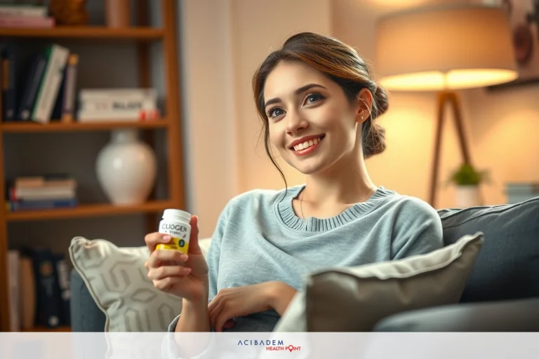 A woman sitting on a couch, holding a small white pill bottle with a smile, possibly discussing or promoting health-related topics.
