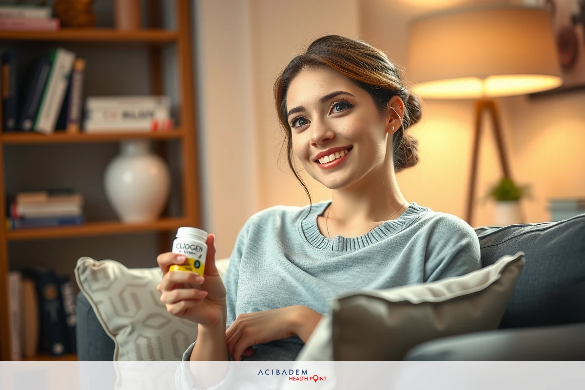 A woman sitting on a couch, holding a small white pill bottle with a smile, possibly discussing or promoting health-related topics.