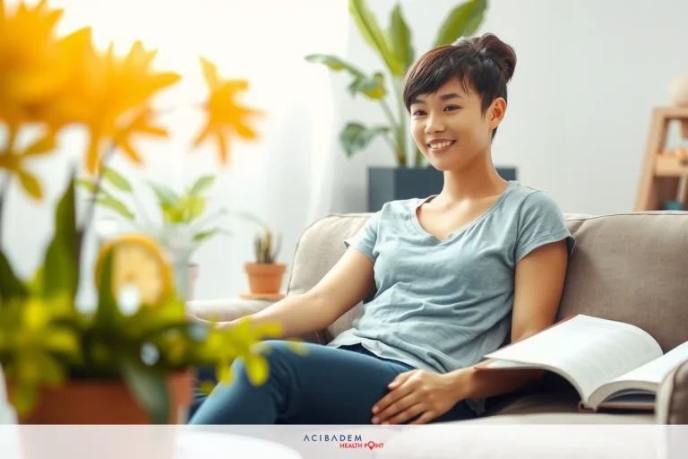 How Often Should You Poop After Gastric Bypass? A young woman is seated on a gray couch in a bright room, smiling and holding a book. There are yellow flowers nearby and various decorative items such as potted plants enhancing the cozy ambiance.