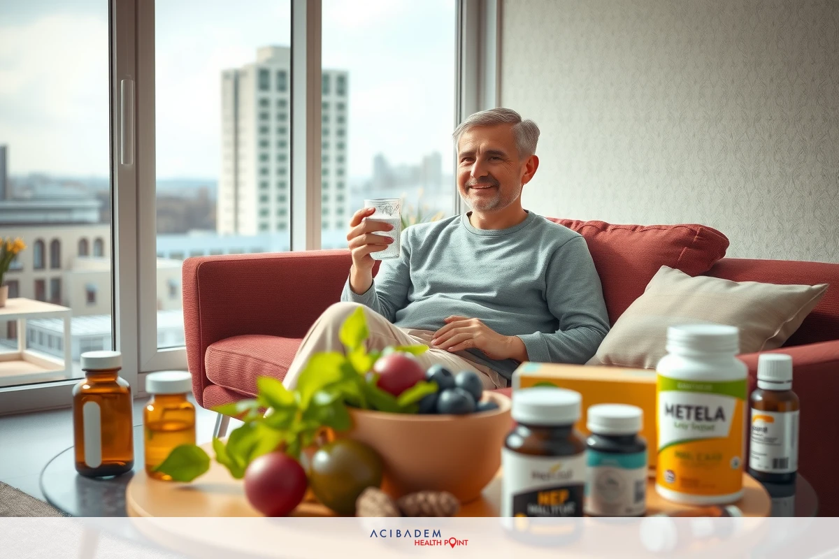 A man sitting on a couch with bottles of vitamins and a bowl of fruit beside him. The room has a large window overlooking a city skyline.