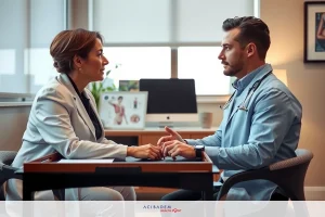 In the image, two individuals are sitting across from each other at a conference table. They appear to be in the middle of a professional meeting or discussion. The room has an office-like atmosphere with standard furniture and decorations commonly found in such settings.