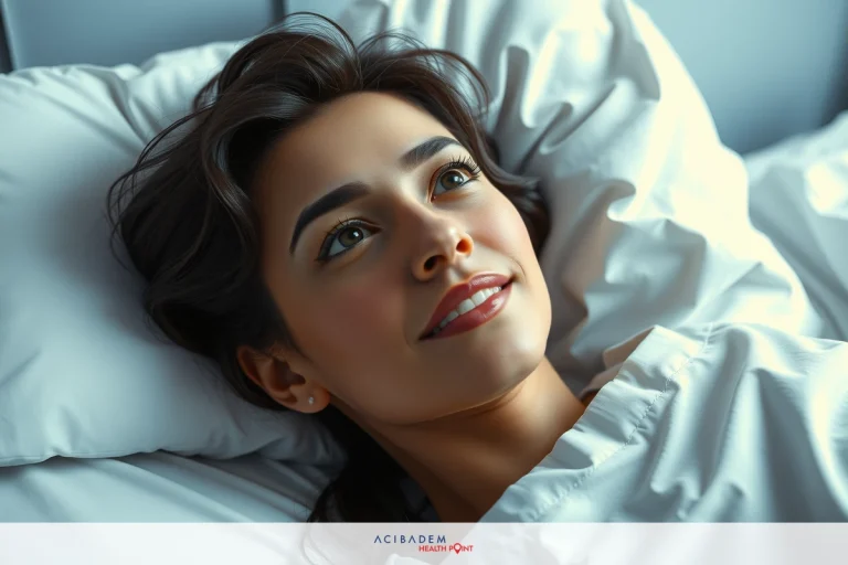 A woman lying in bed with a serene expression, looking upwards. The room appears to be well-lit, possibly from natural light outside the frame.