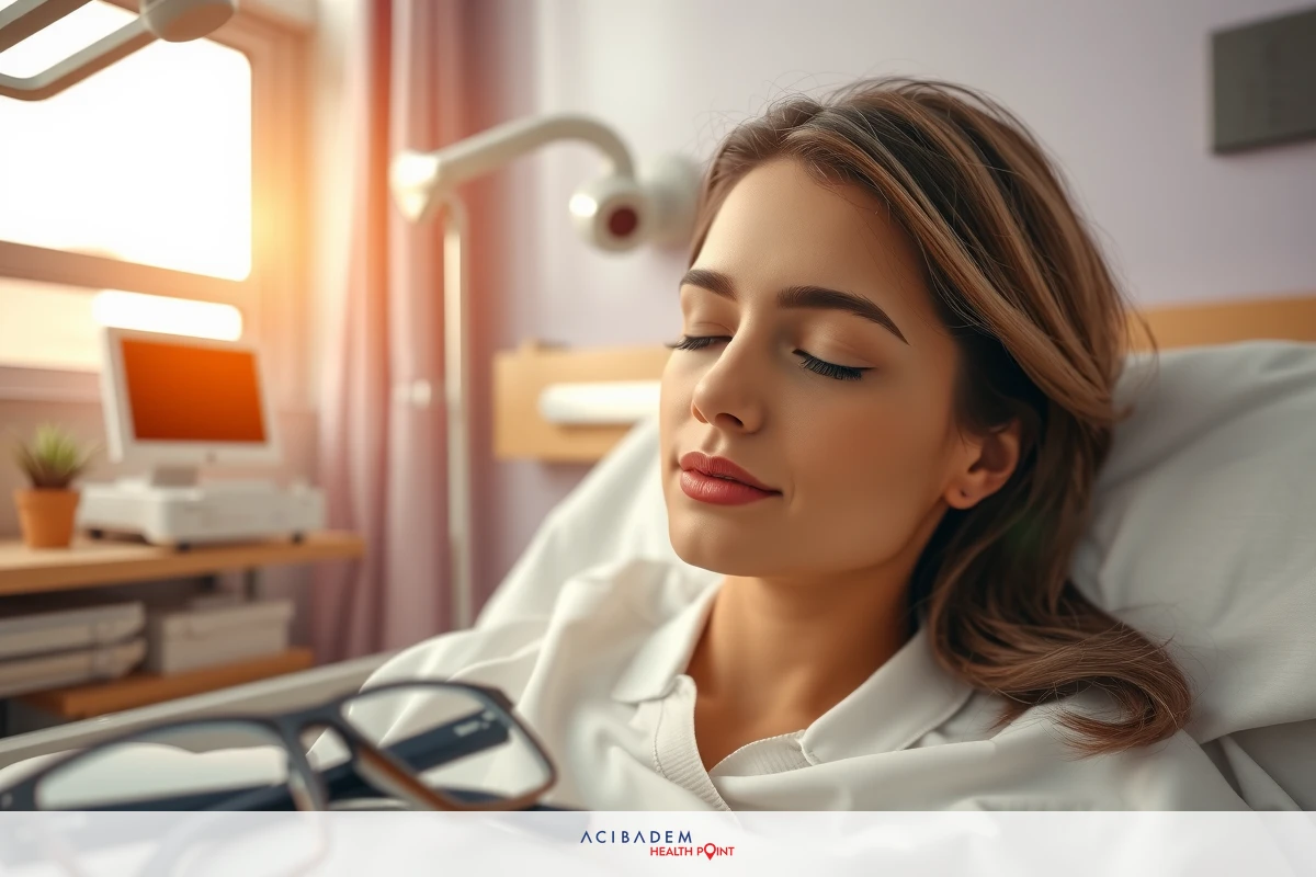 A woman in a hospital bed, wearing glasses and laying down with her eyes closed, appears to be relaxed or possibly asleep. It's daylight outside, suggesting a sunny day.