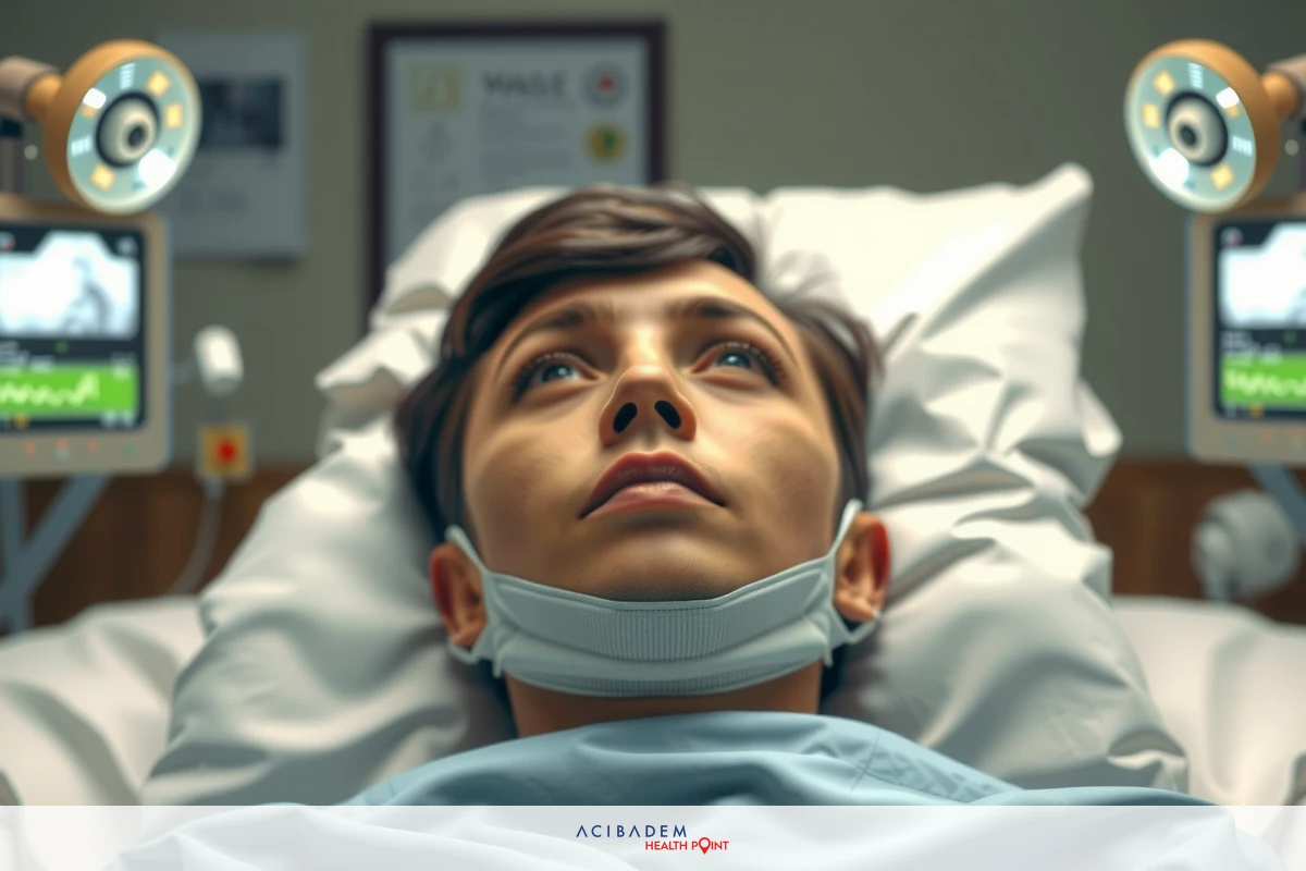A young man lying on a hospital bed with medical equipment. The room is equipped for medical emergencies.