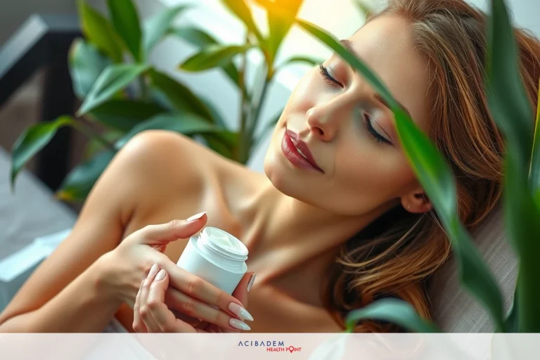 Woman in a tub, holding medication, with plants around her. She appears to be relaxed and enjoying the serene environment.