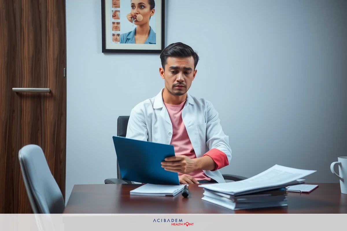 The image shows a professional office setting. A man is seated at a desk with various documents and what appears to be a cell phone in front of him. He seems focused or possibly tired, looking down at the papers in his hands. Behind him on the wall hangs a framed picture, presumably of another person. The overall atmosphere suggests a serious work environment.