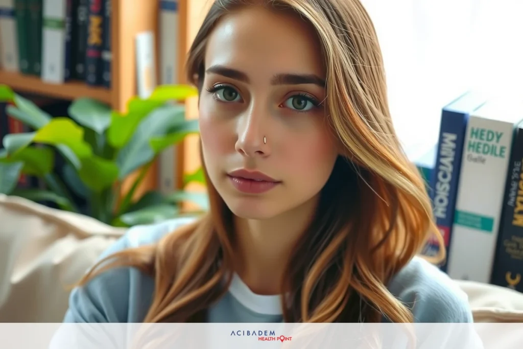 Can I Get My Nose Pierced After Rhinoplasty? A young woman with shoulder-length blonde hair. She is looking slightly to the side, away from the camera. Her makeup includes a subtle smoky eye and darker lip color. She wears a light blue top. In the background, there are bookcases filled with books.