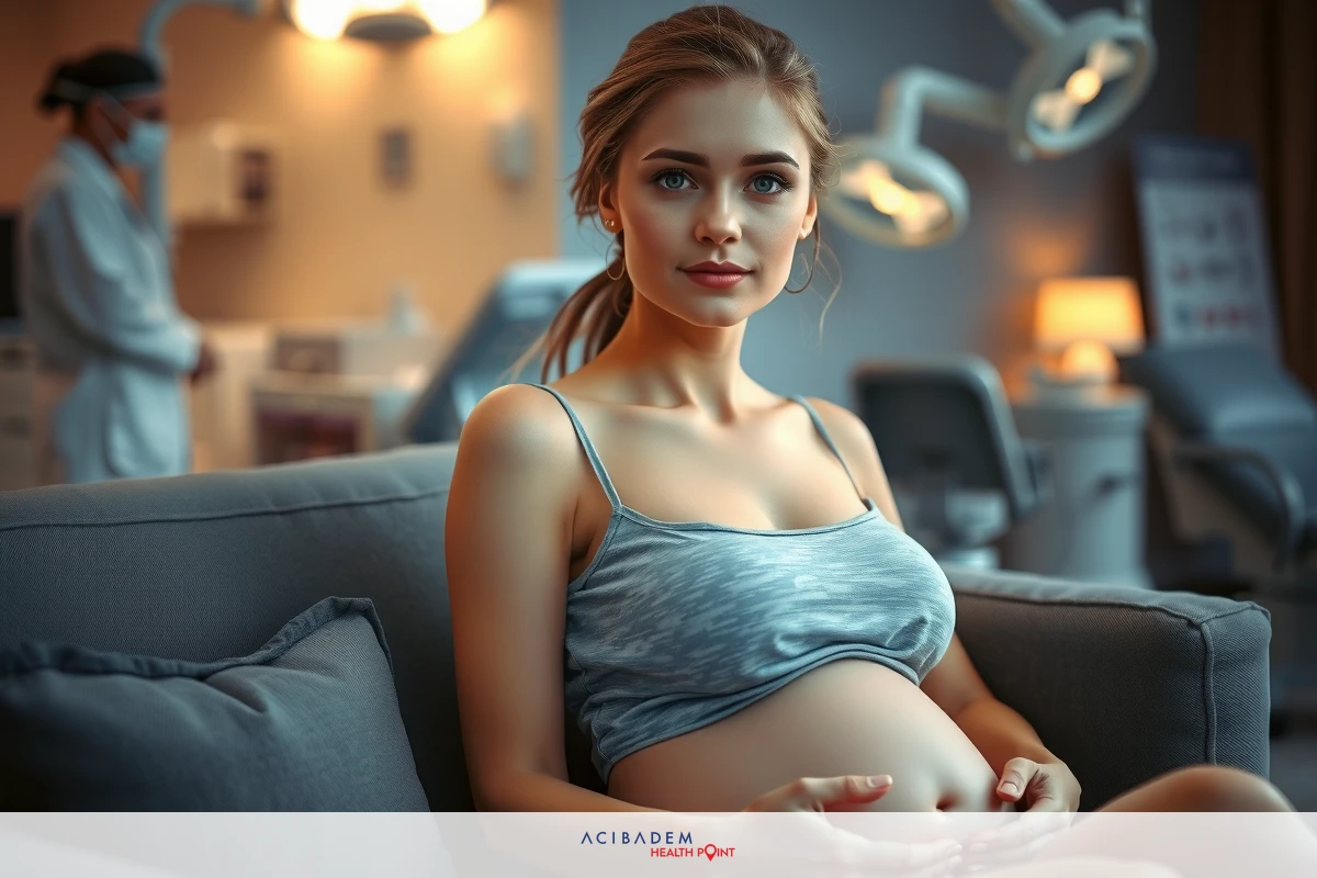 Pregnant woman relaxing in a medical setting, with couch and equipment in the background.