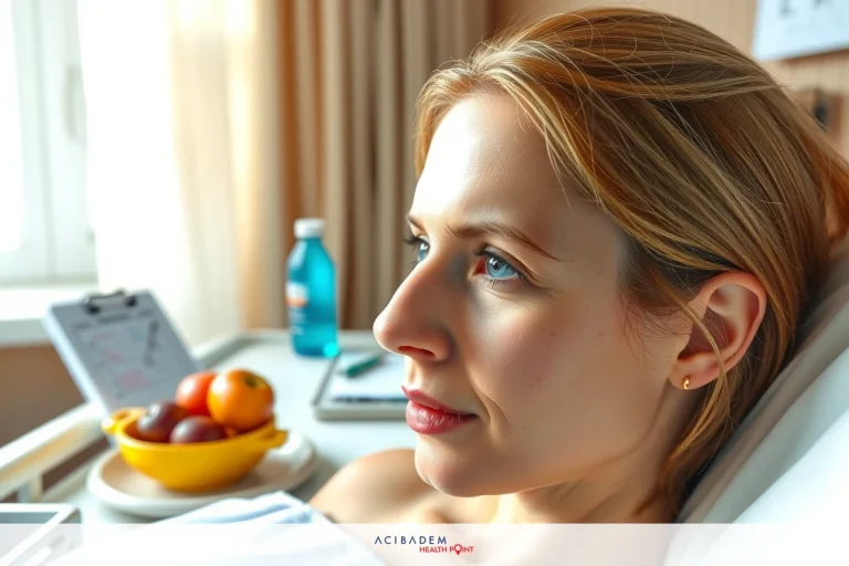 A woman lying in a hospital bed, resting her head on her hand. The room has beige walls and a window with natural light coming through. A fruit bowl is visible next to the bed.