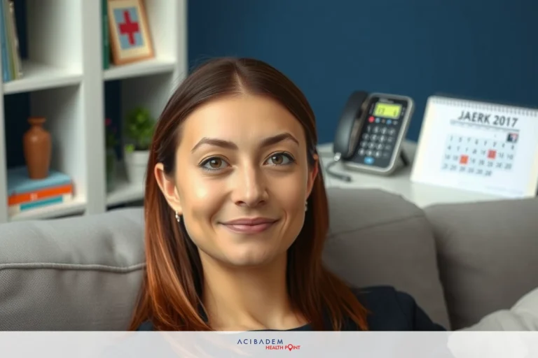 Is Rhinoplasty Safe? Smiling woman with brown hair seated on couch, surrounded by books and a wall calendar.