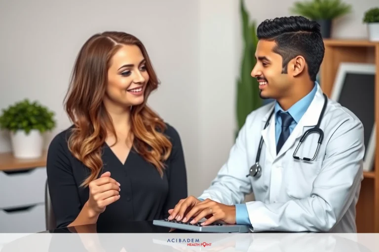 How Much a Rhinoplasty Cost A doctor and patient smiling at each other in a modern medical office. The man is wearing a white coat, signifying his profession as a physician, while the woman is dressed in professional attire.