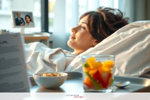 The image shows a woman lying in a hospital bed with a tray of food beside her. The setting appears to be a hospital room, indicated by medical equipment and a professional atmosphere. The focus is on the patient's face as she looks contemplative or possibly at something out of view. The colors are soft and natural, emphasizing a calm environment.