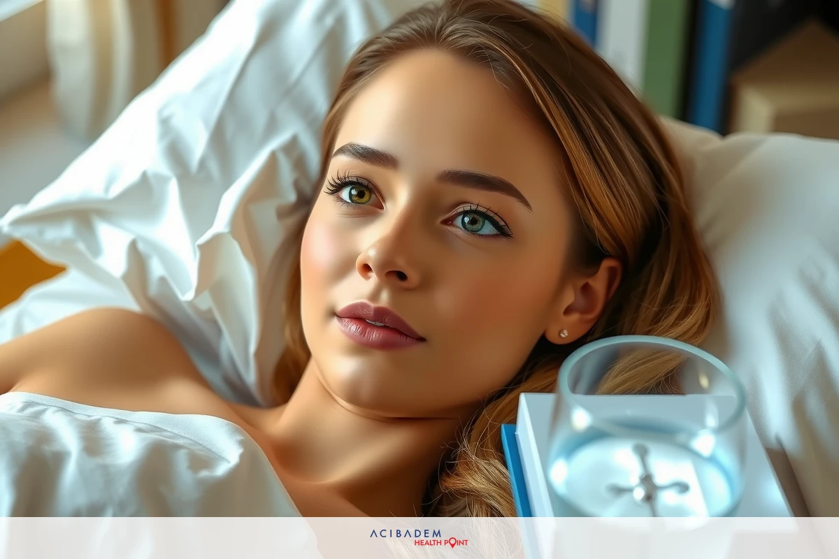 The image features a young woman lying in a hospital bed, looking at the camera. She has light hair and is wearing makeup that highlights her eyes. Her expression appears calm and she seems to be at ease.