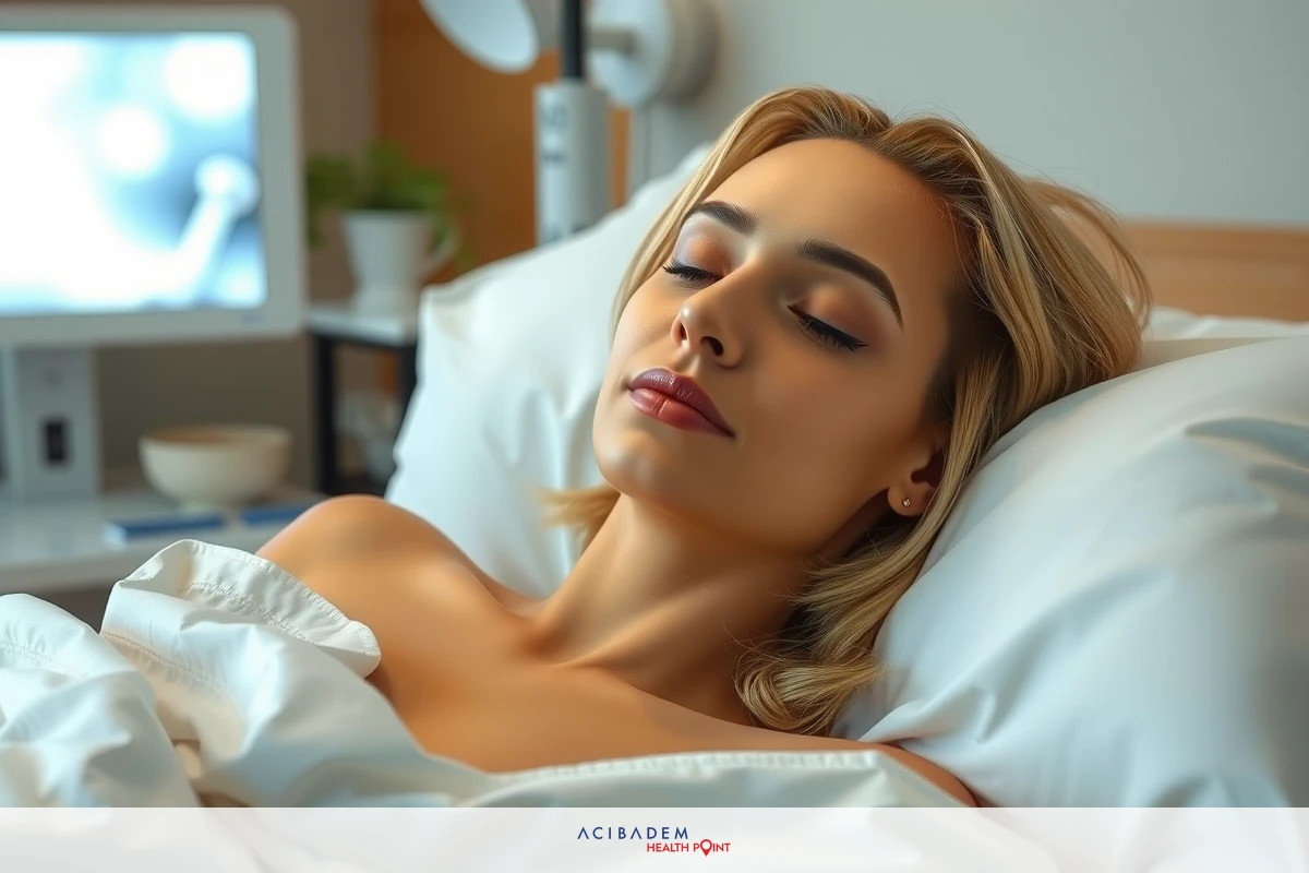 The image shows a young woman lying in a hospital bed, seemingly asleep or resting. She appears to be the central figure in the scene, which takes place in a clinical environment with medical equipment visible in the background. Her expression is one of peacefulness or repose. The color scheme is subdued, and the overall tone of the image suggests it might be from a film or television show depicting a healthcare setting.