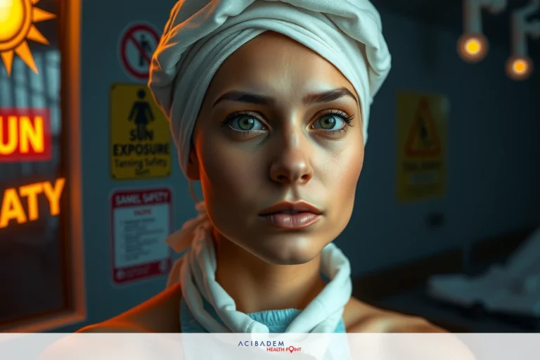 The image portrays a young woman in a clinical setting. She is wearing a white headband and her face has a neutral expression.