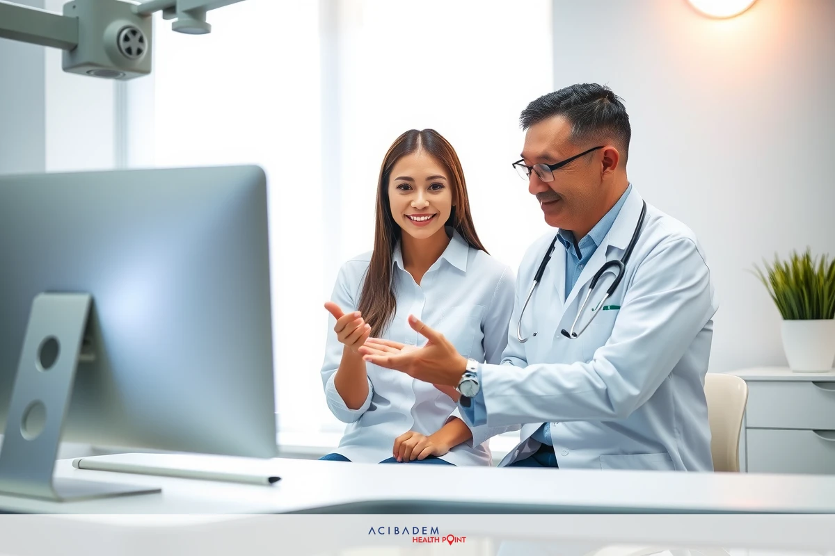 Medical professionals, likely doctors, in an office setting. They are engaged in a discussion while viewing something on the computer screen.