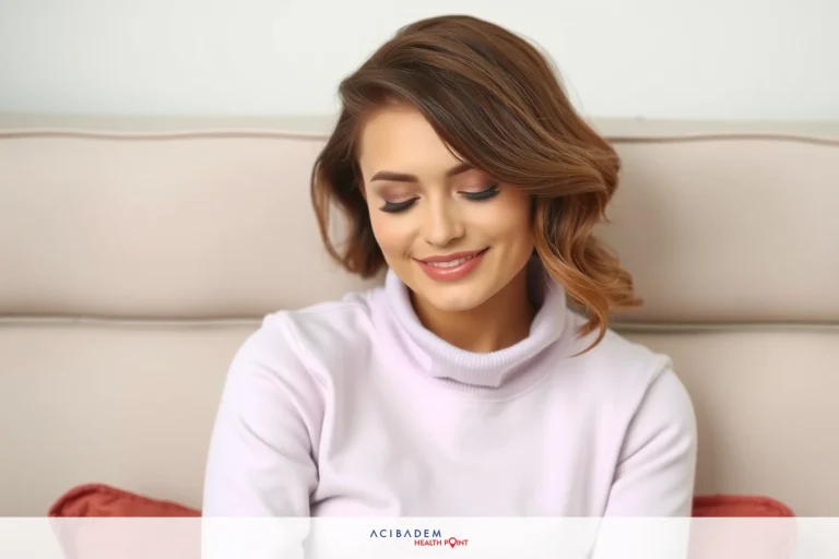 A young woman wearing a pink sweater and smiling, with her eyes closed as if she is in a moment of joy. She's sitting comfortably on a beige couch with a pillow visible behind her. The lighting in the room is soft, casting gentle shadows on the walls.