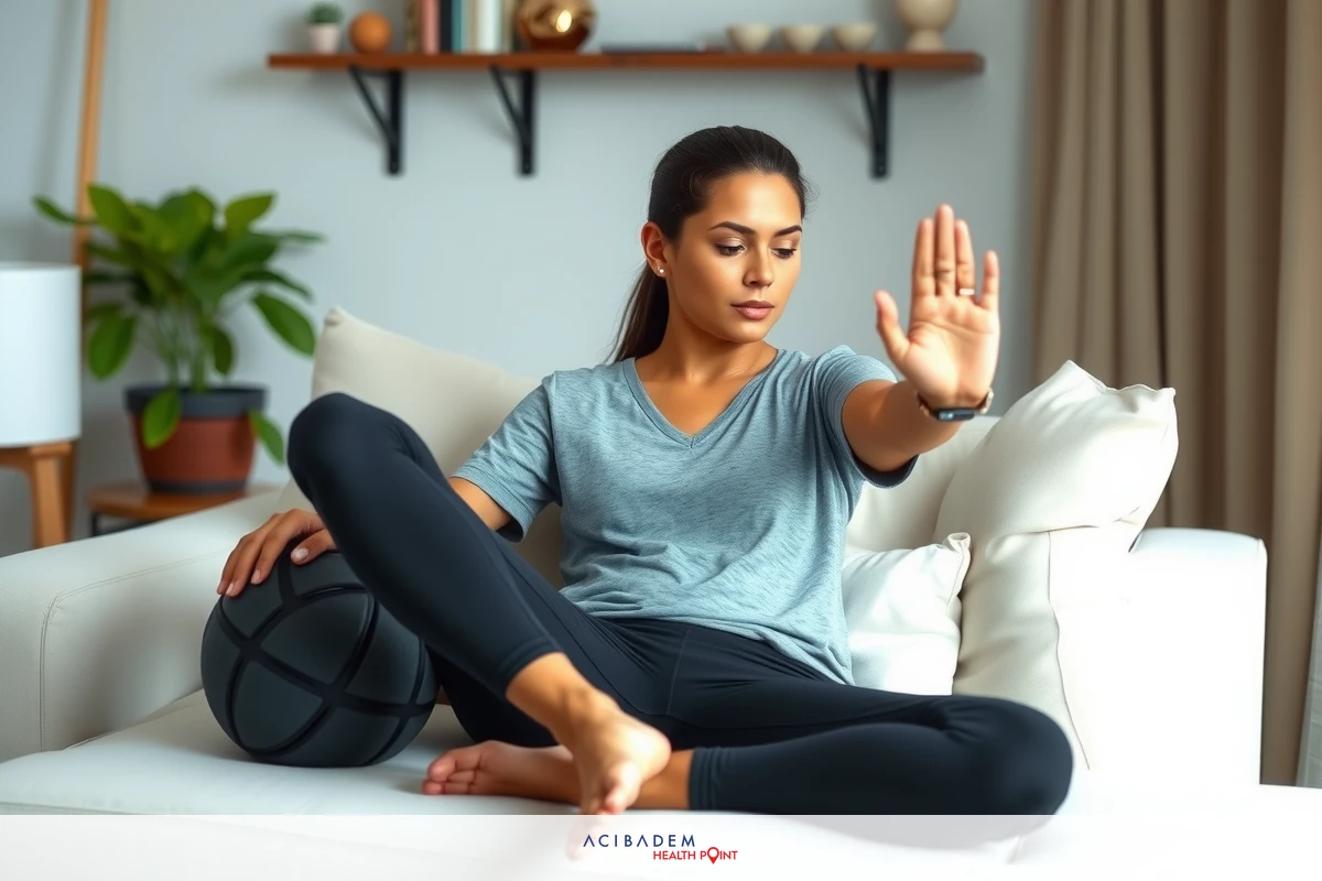 A woman in a grey shirt is sitting on the floor with her legs crossed, wearing workout clothing. The room has contemporary decor with a plant and books visible.