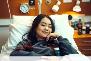 The image shows a person lying in a hospital bed. She is smiling. The environment is clinical with a sterile look, common in healthcare settings.