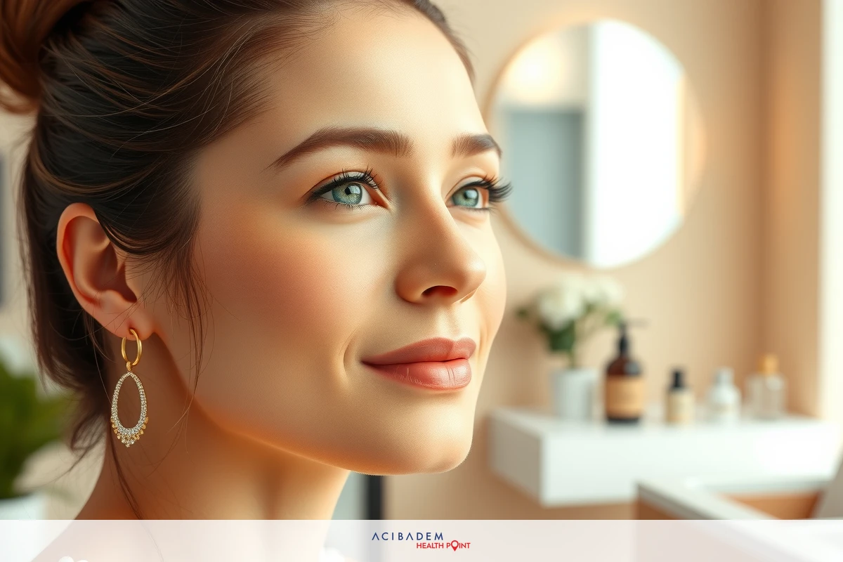A woman with a subtle smile, looking at the camera. She has brown hair styled up and is wearing a pair of gold hoop earrings. The room suggests an indoor setting like a bathroom or makeup station.