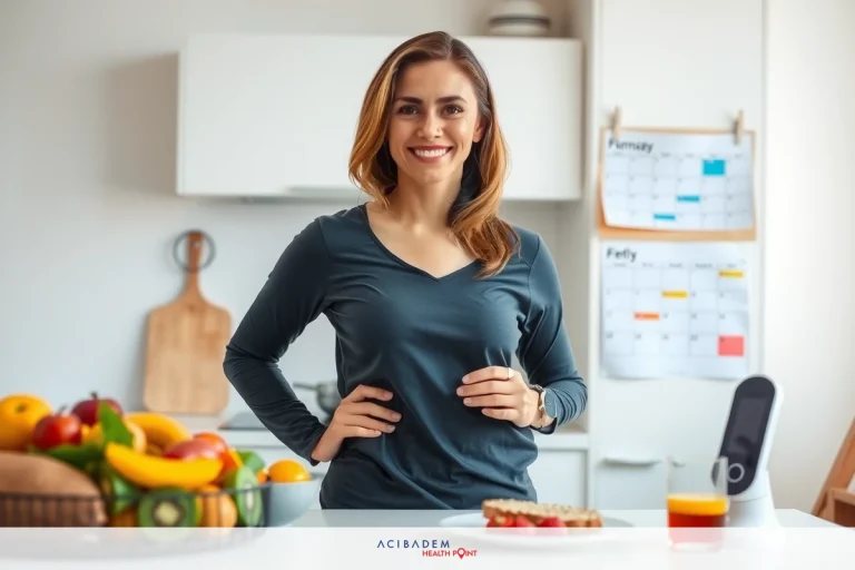 Woman standing at kitchen counter with variety of fruits, smiling, posing confidently in a modern home setting.