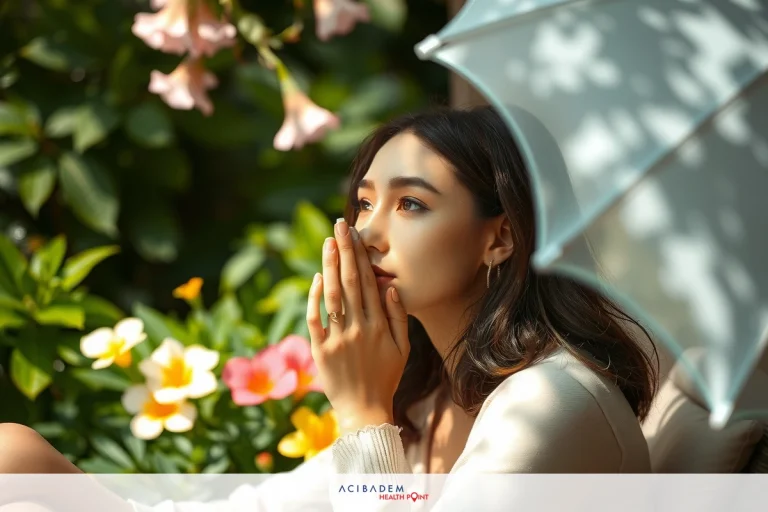 Can You Tan After Rhinoplasty? A woman sitting under a sun umbrella, wearing light colored clothing and enjoying the outdoors. There are vibrant flowers in the garden setting.