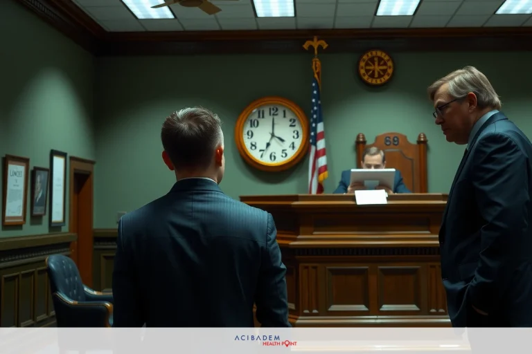 The image shows a courtroom scene with three individuals. On the left, there is a man wearing a suit standing at a podium with his back to us. In the center, another man in a suit stands facing away from us and appears to be speaking or addressing the court. To the right, a third person in a suit looks on, also with their back to us. The courtroom is formally dressed, indicated by the suits worn by all individuals. A clock can be seen on the wall above the podium.