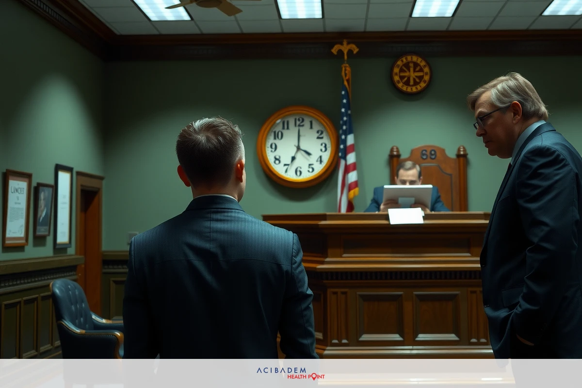 The image shows a courtroom scene with three individuals. On the left, there is a man wearing a suit standing at a podium with his back to us. In the center, another man in a suit stands facing away from us and appears to be speaking or addressing the court. To the right, a third person in a suit looks on, also with their back to us. The courtroom is formally dressed, indicated by the suits worn by all individuals. A clock can be seen on the wall above the podium.