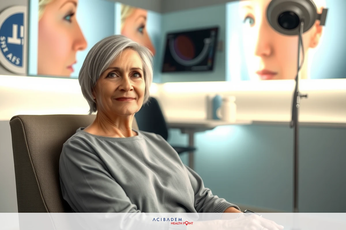 The image depicts a woman seated in a chair with a modern, futuristic background featuring advanced technology. She appears to be engaging with an AI system or participating in a scientific or medical context. The environment suggests a high-tech setting, possibly a laboratory or research facility.