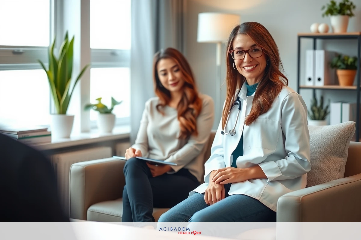 Two women in a professional setting, likely an office or waiting room. They are seated on couches and appear to be engaged in conversation while another person is speaking with them.