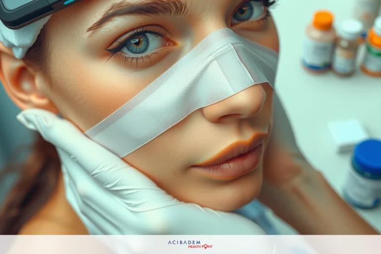 How Long Should You Tape Your Nose After Rhinoplasty Close-up of a woman wearing a medical mask and gloves, examining her face with what appears to be a magnifying glass. The image has an artistic blur effect on the background.