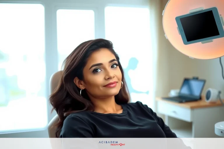 A woman seated in a chair, likely at her workstation. Her posture suggests she might be taking a break or reviewing something on a tablet that is not visible in the image.