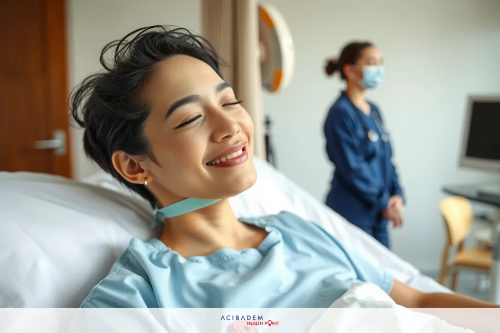 Does Closed Rhinoplasty Heal Faster? The image shows a person lying in a hospital bed with their eyes closed, seemingly in a state of relaxation or possibly sleep.