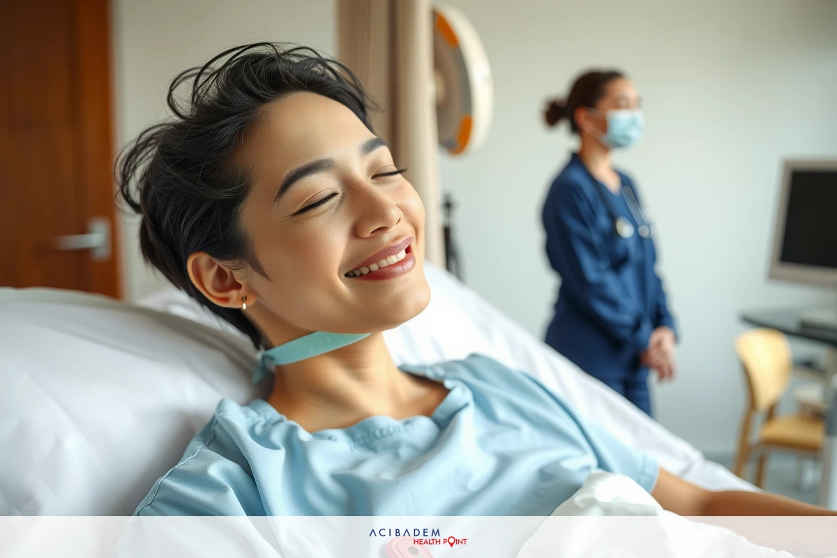 The image shows a person lying in a hospital bed with their eyes closed, seemingly in a state of relaxation or possibly sleep.