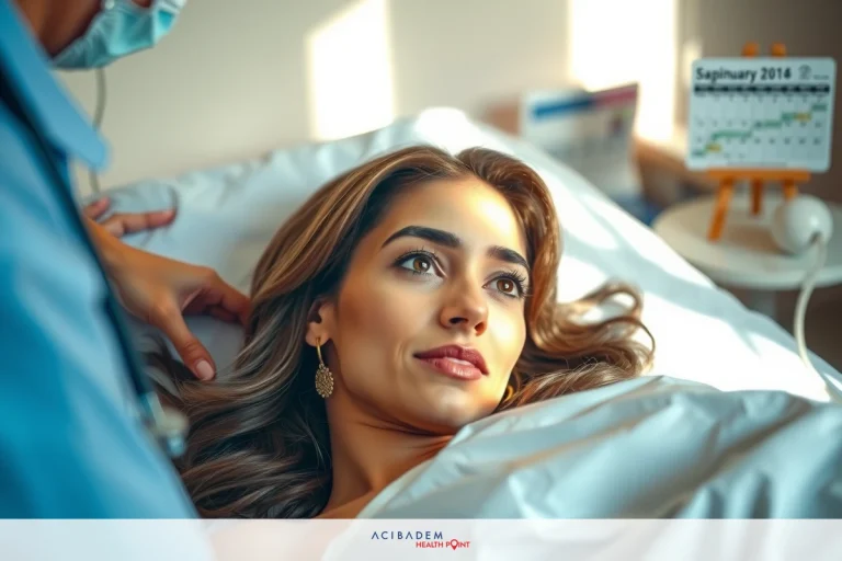 The image depicts a woman lying in a hospital bed. A healthcare professional is assisting her with a procedure or administering care. The environment appears clinical and well-lit, common in a hospital setting.