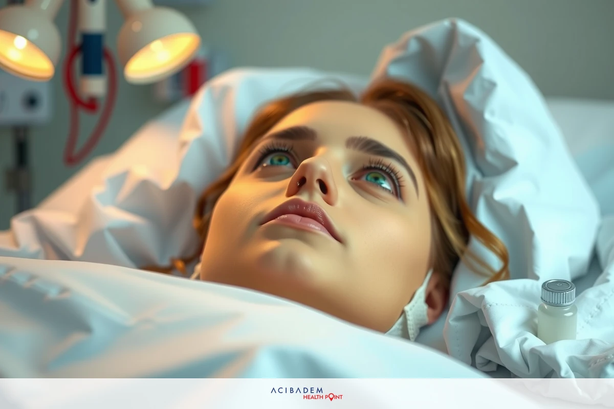 An image of a woman lying in a hospital bed, with medical equipment and lights surrounding her. The environment suggests a healthcare setting.
