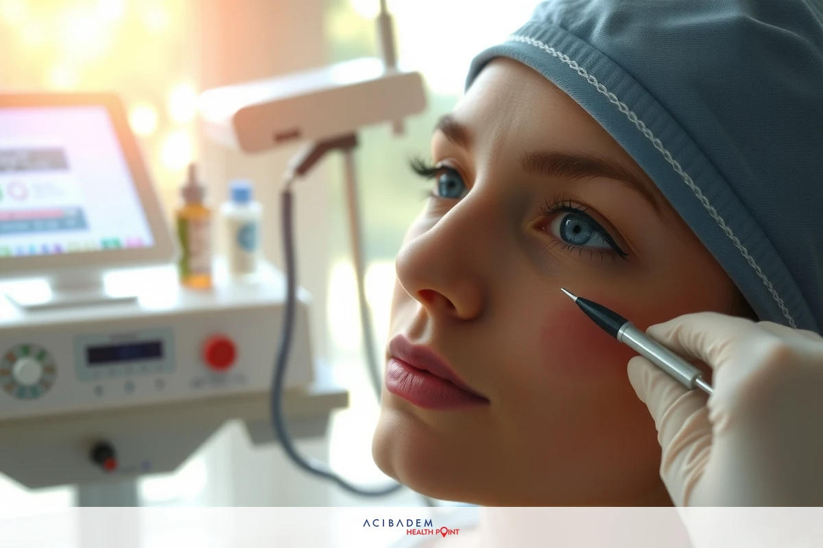 This is a photograph featuring a woman undergoing cosmetic surgery. She is lying on a medical table, her face partially obscured by a white mask that extends over her eyes and nose area, allowing only the upper part of her face to be visible.