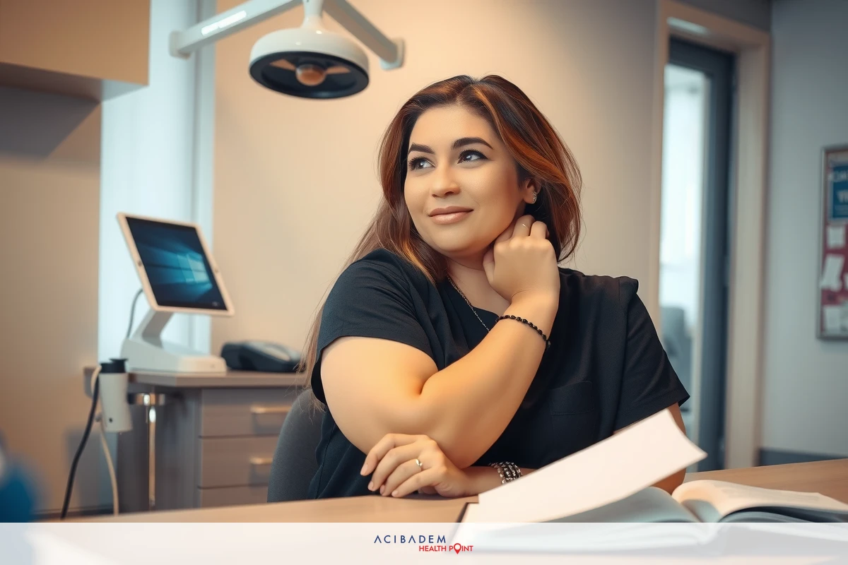 Does Insurance Cover a Rhinoplasty? 1 A woman seated in a well-lit office, smiling slightly while looking to the left. She has brown hair and is wearing a black top. There are books and a computer monitor on her desk.