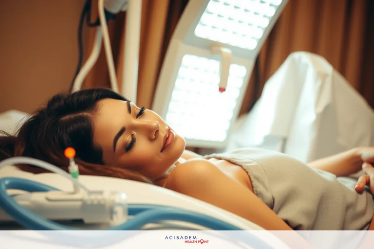 Image shows a woman lying in hospital bed with medical equipment, including an IV drip and blood pressure monitor. She appears to be resting or possibly recovering from a procedure.