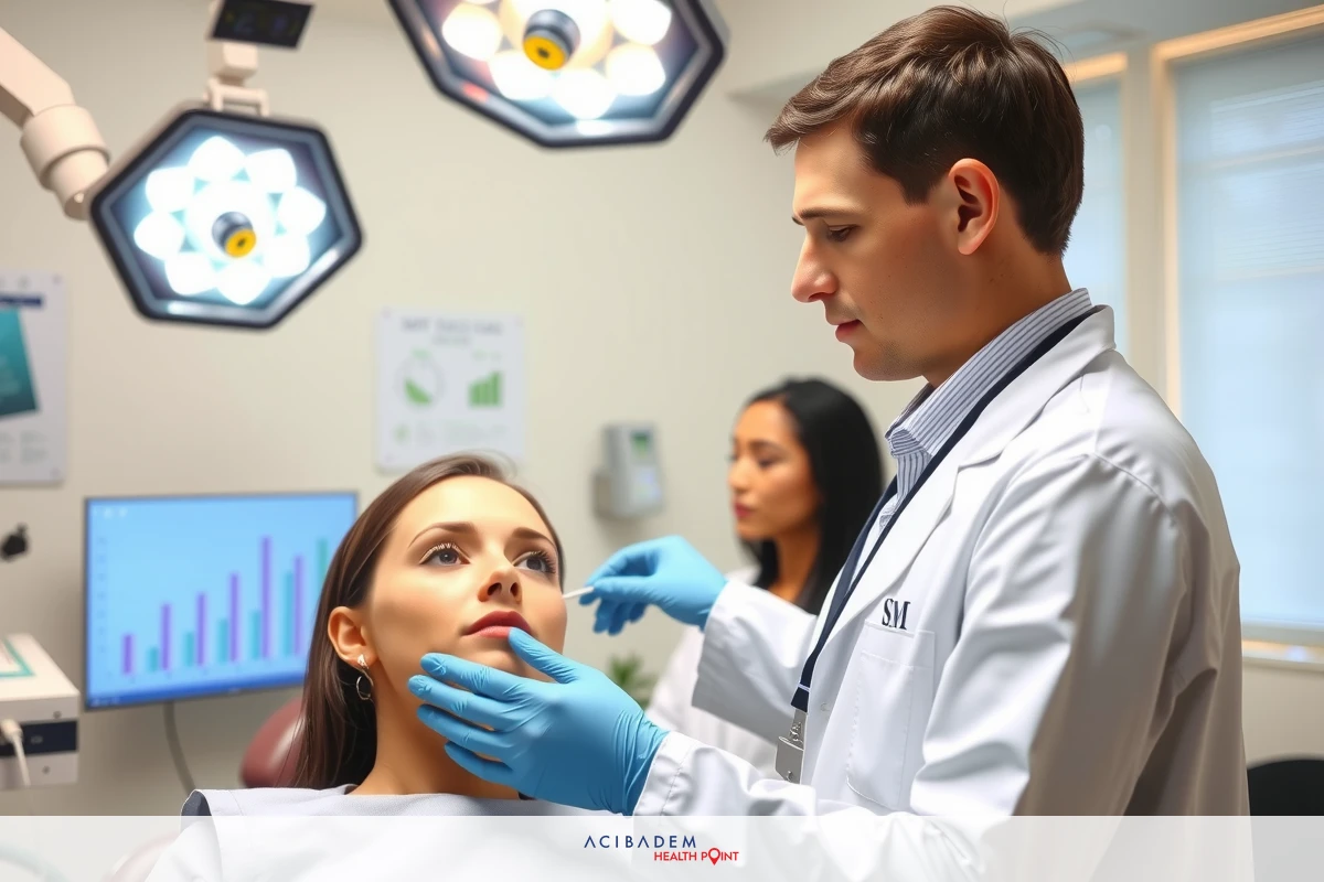 The image shows a medical clinic setting where a plastic surgeon is performing an examination of a patient's nose. The plastic surgeon, wearing gloves and medical scrubs, has his hands placed on the patient's face to assess their nose health.