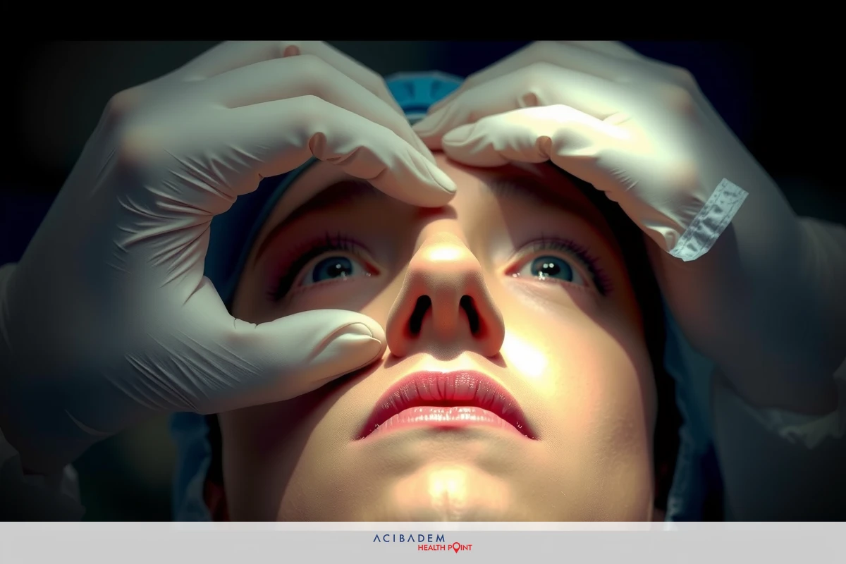 The image depicts a medical setting with a person receiving what appears to be an nose examination. The individual is lying on their back, and a medical professional's hands are positioned above the patient's nose. Both individuals are wearing gloves for hygiene, indicating this may be a clinical environment.