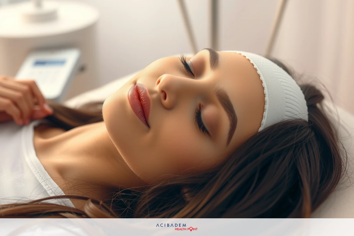 A woman is lying down in a hospital setting, wearing an elastic head bandage and appears to be receiving treatment. She is surrounded by medical equipment which includes what looks like a patient monitor and other devices typically found in a healthcare facility.