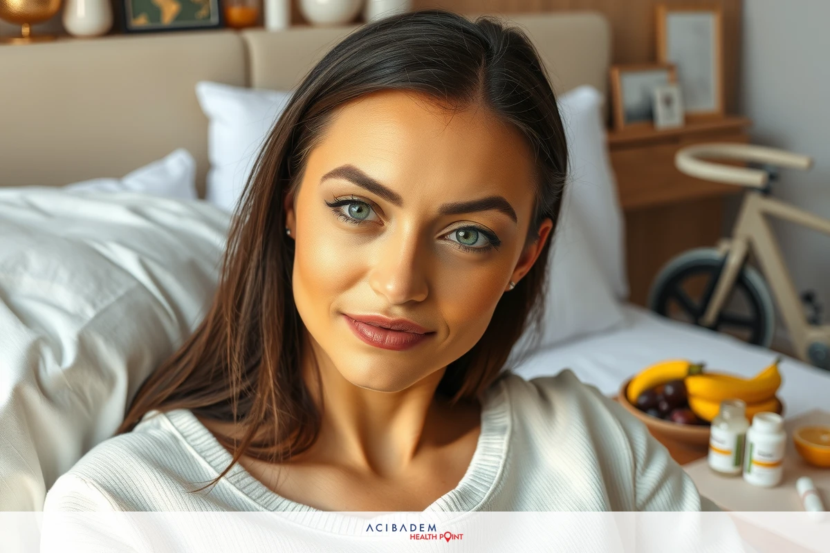 The image features a young woman in a cozy indoor setting. She is seated on a bed, leaning casually against a pillow with her hands clasped together. The woman has long hair and is wearing makeup that accentuates her eyes.