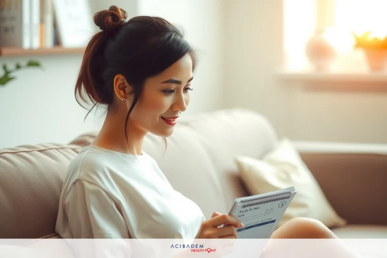 A woman sitting on a couch, holding a notebook and smiling. She is wearing casual clothing and has her hair up in a bun. The room appears to be well-lit with natural light coming through the window.