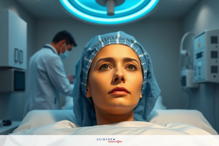 The image depicts a hospital setting where a woman is lying on a bed, presumably being operated upon. The surgeon is wearing a surgical mask and standing by her side, concentrating on the procedure. The environment suggests a sterile medical operating room with medical equipment visible in the background.